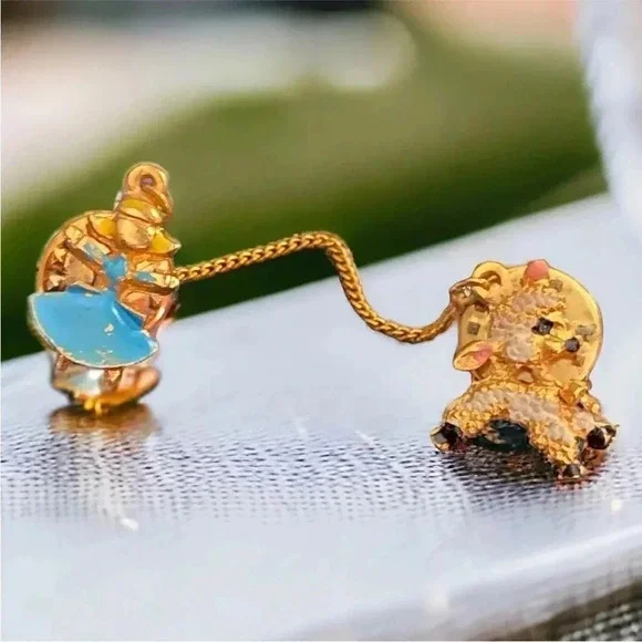 Mary Had A Little Lamb Sheep Brooch Pin Gold Tone Chain Chatelaine Enamel - Picture 1 of 2